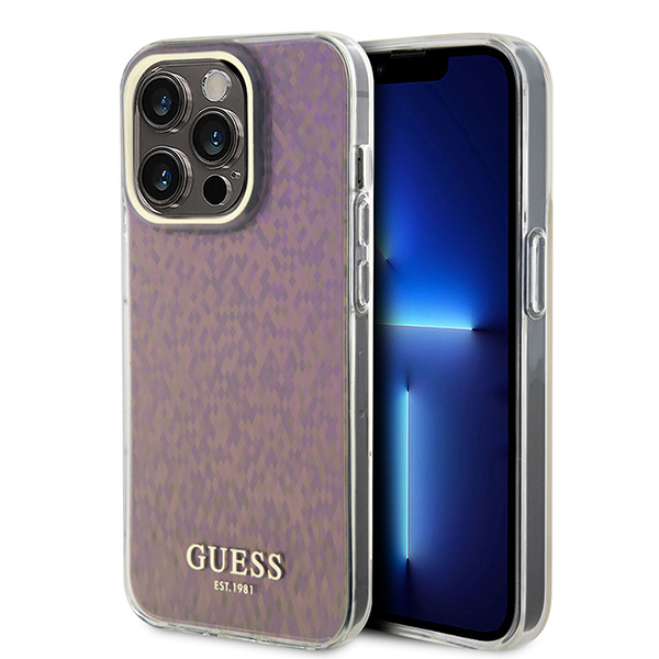 Guess GUHCP15XHDECMP iPhone 15 Pro Max 6.7″ rožinės spalvos kietas dėklas IML Faceted Mirror Disco Iridescent aprašymas - Prekės nuotrauka
