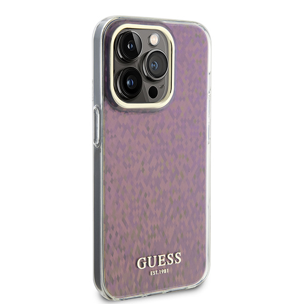 Guess GUHCP15XHDECMP iPhone 15 Pro Max 6.7″ rožinės spalvos kietas dėklas IML Faceted Mirror Disco Iridescent aprašymas - Prekės nuotrauka