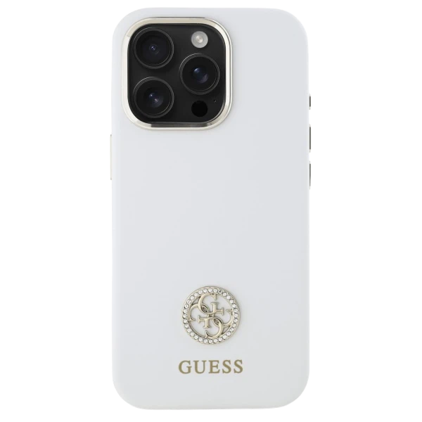 Guess GUHCP16LM4DGPH Apple iPhone 16 Pro 6.3" dėklas telefonui baltos spalvos Silikoninis Logo Strass 4G aprašymas - Prekės nuotrauka