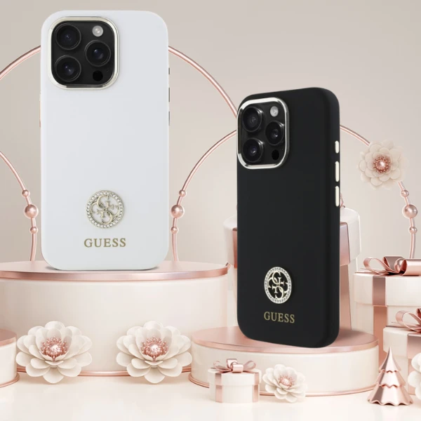 Guess GUHCP16LM4DGPH Apple iPhone 16 Pro 6.3" dėklas telefonui baltos spalvos Silikoninis Logo Strass 4G aprašymas - Prekės nuotrauka