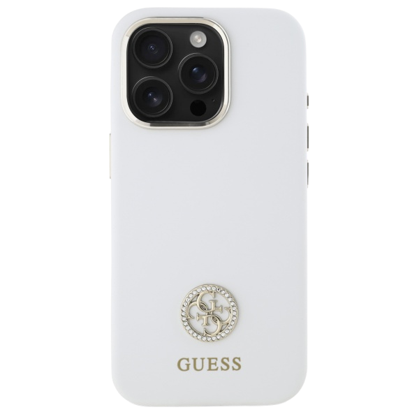 Guess GUHCP16LM4DGPH iPhone 16 Pro 6.3″ baltos spalvos kietas dėklas Silicone Logo Strass 4G aprašymas - Prekės nuotrauka