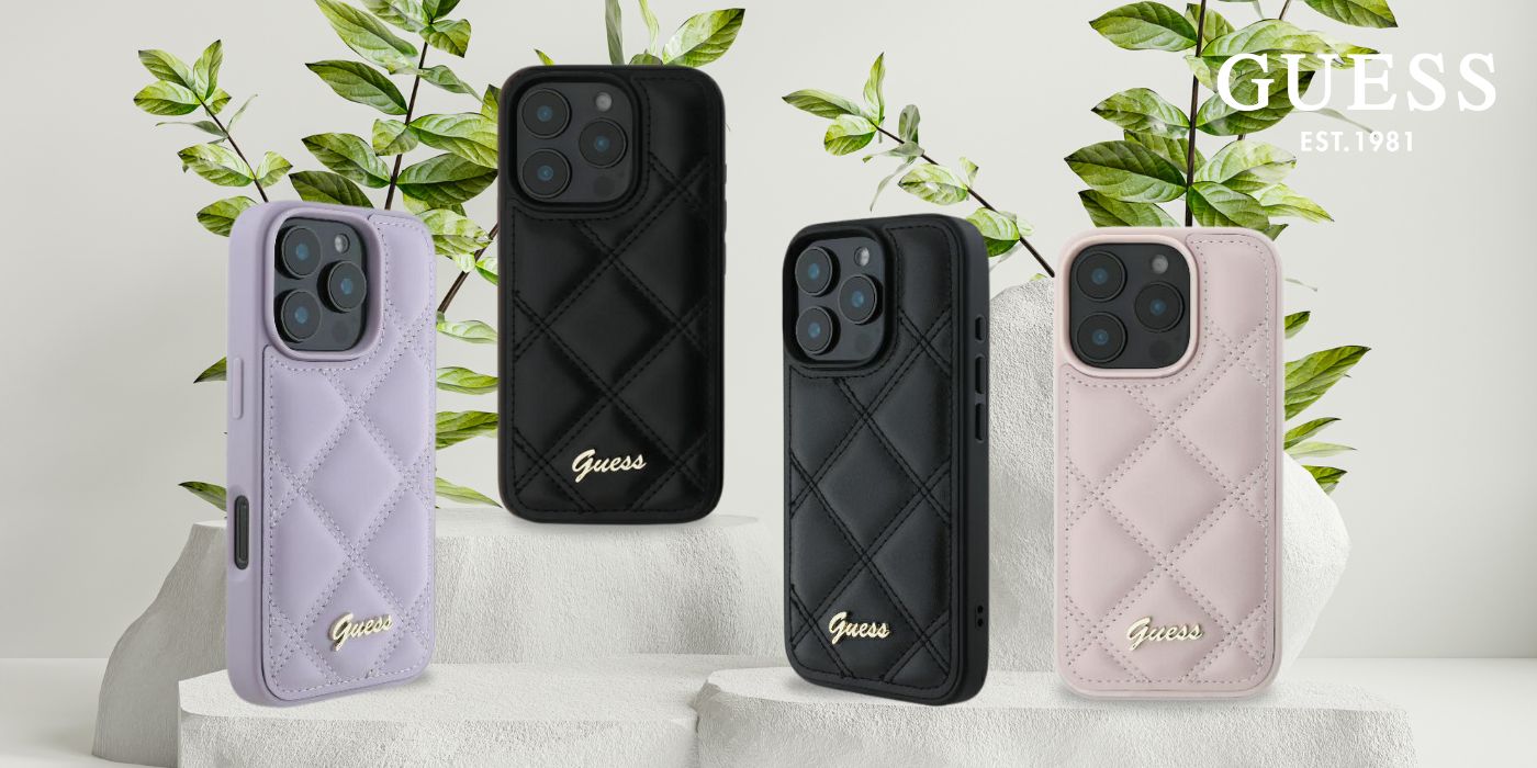 Guess GUHCP16LPSQSQSK Apple iPhone 16 Pro 6.3″ juodos spalvos kietas dėklas Quilted Metal Logo aprašymas - Prekės nuotrauka