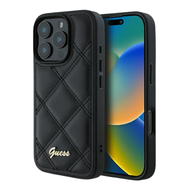 Guess GUHCP16MPSQSQSK Apple iPhone 16 Plus 6.7″ juodos spalvos kietas dėklas Quilted Metal Logo aprašymas - Prekės nuotrauka