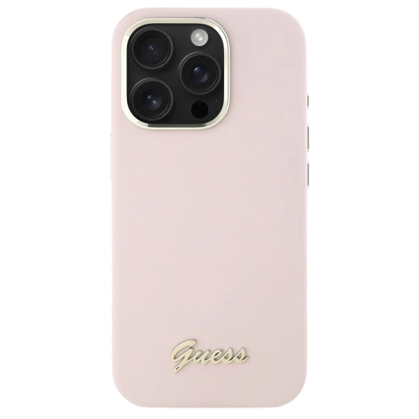 Guess GUHCP16MSMBSLP Apple iPhone 16 Plus 6.7" dėklas telefonui rožinės spalvos Silikoninis Script Metal Logo & Frame aprašymas - Prekės nuotrauka