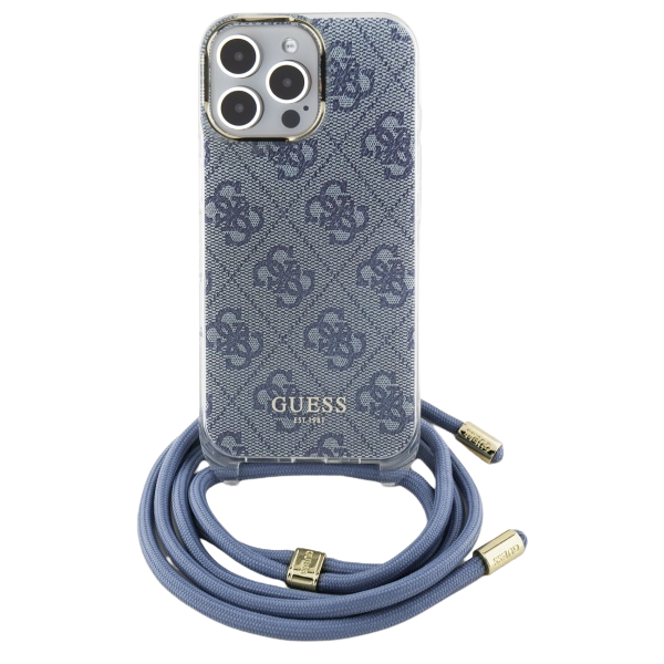 Guess GUHCP16SHC4SEB Apple iPhone 16 6.1″ mėlynas kietas dėklas Crossbody Cord 4G Print aprašymas - Prekės nuotrauka