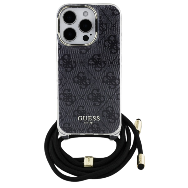 Guess GUHCP16SHC4SEK Apple iPhone 16 6.1″ juodos spalvos kietas dėklas Crossbody Cord 4G Print aprašymas - Prekės nuotrauka