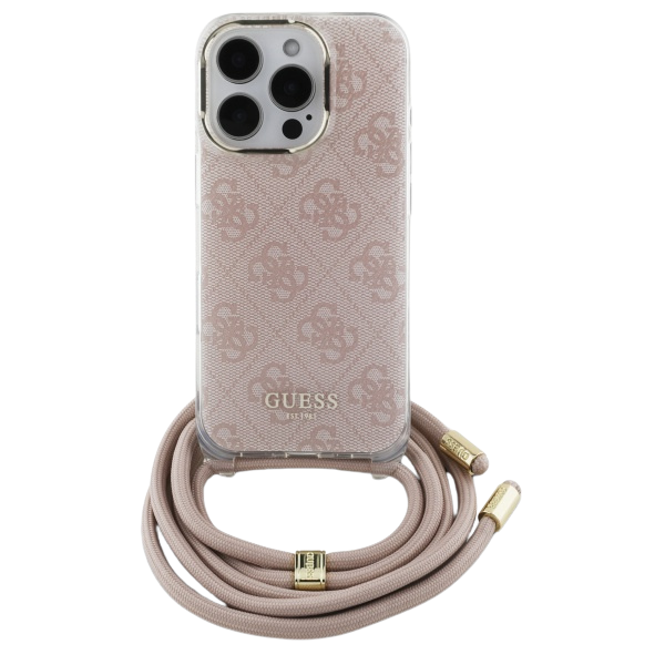 Guess GUHCP16SHC4SEP Apple iPhone 16 6.1″ rožinės spalvos kietas dėklas Crossbody Cord 4G Print aprašymas - Prekės nuotrauka