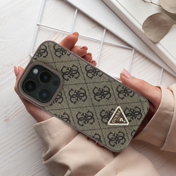 Guess GUHCP16SP4TDSCPB iPhone 16 6,1 col. mėlynas kietas dėklas su odos metalo logotipu ir „Strass