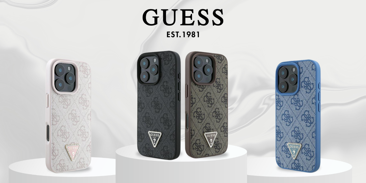 Guess GUHCP16SP4TDSCPB iPhone 16 6,1 col. mėlynas kietas dėklas su odos metalo logotipu ir „Strass