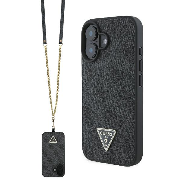 Guess GUHCP16SP4TDSCPK Apple iPhone 16 6.1″ juodos spalvos kietas dėklas Leather Metal Logo Strass Crossbody aprašymas - Prekės nuotrauka