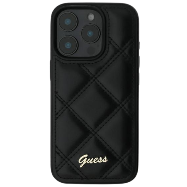 Guess GUHCP16SPSQSQSK Apple iPhone 16 6.1″ juodos spalvos kietas dėklas Quiled Metal Logo aprašymas - Prekės nuotrauka