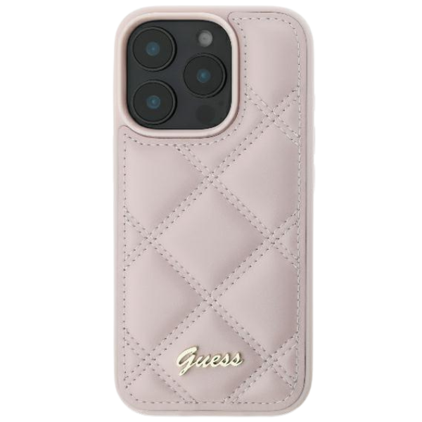 Guess GUHCP16SPSQSQSP Apple iPhone 16 6.1″ rožinės spalvos kietas dėklas Quiled Metal Logo aprašymas - Prekės nuotrauka
