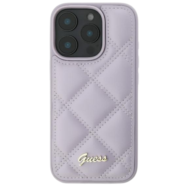Guess GUHCP16SPSQSQSU iPhone 16 6.1″ šviesiai violetinės spalvos kietas dėklas Quilted Metal Logo aprašymas - Prekės nuotrauka