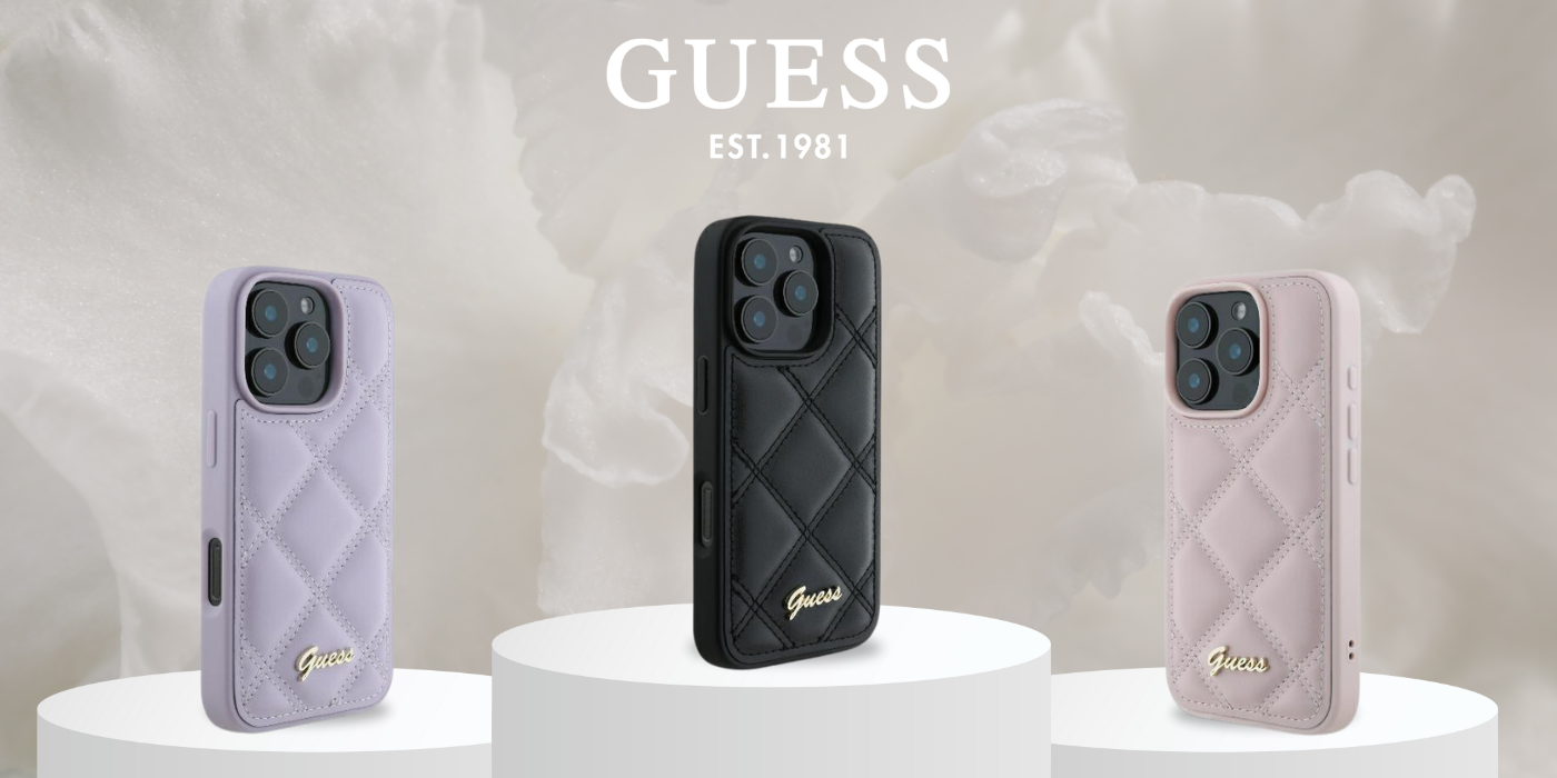 Guess GUHCP16SPSQSQSU iPhone 16 6.1″ šviesiai violetinės spalvos kietas dėklas Quilted Metal Logo aprašymas - Prekės nuotrauka