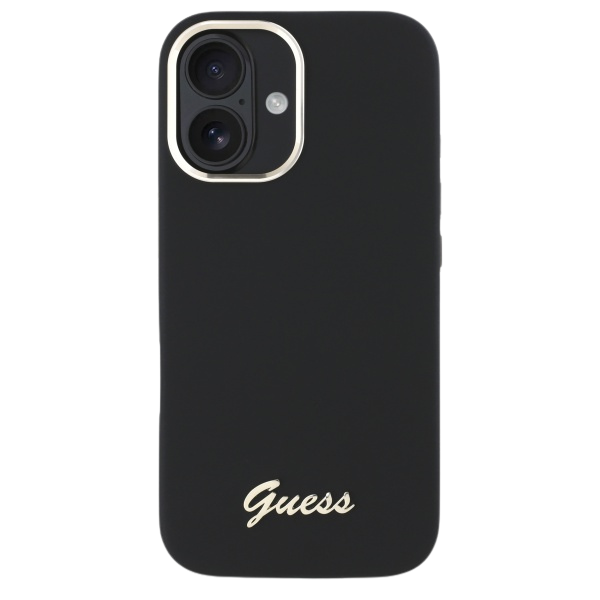 Guess GUHCP16SSMBSLK Apple iPhone 16 6.1″ juodos spalvos kietas dėklas Silicone Script Metal Logo & Frame aprašymas - Prekės nuotrauka