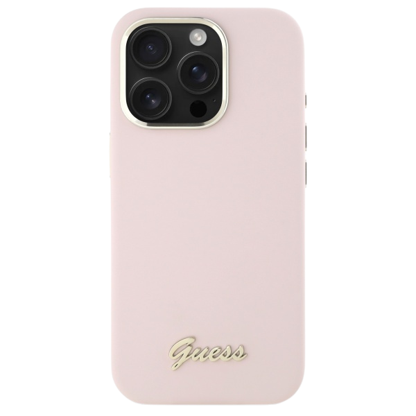 Guess GUHCP16SSMBSLP iPhone 16 6.1″ rožinis kietas dėklas Silicone Script Metal Logo & Frame aprašymas - Prekės nuotrauka