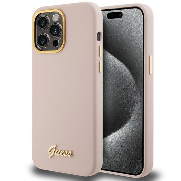 Guess GUHCP16XSMBSLP Apple iPhone 16 Pro Max 6.9″ rožinės spalvos kietas dėklas Silicone Script Metal Logo & Frame aprašymas - Prekės nuotrauka