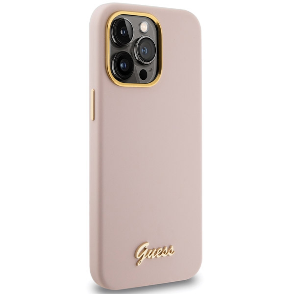 Guess GUHCP16XSMBSLP Apple iPhone 16 Pro Max 6.9″ rožinės spalvos kietas dėklas Silicone Script Metal Logo & Frame aprašymas - Prekės nuotrauka