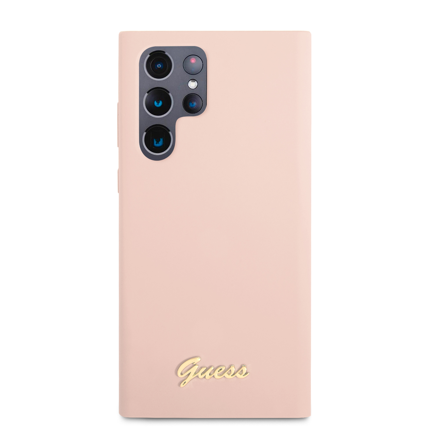 Guess GUHCS23LLSLMGPP S23 Ultra S918 rožinės spalvos kietas dėklas Silicone Script Metal Logo aprašymas - Prekės nuotrauka