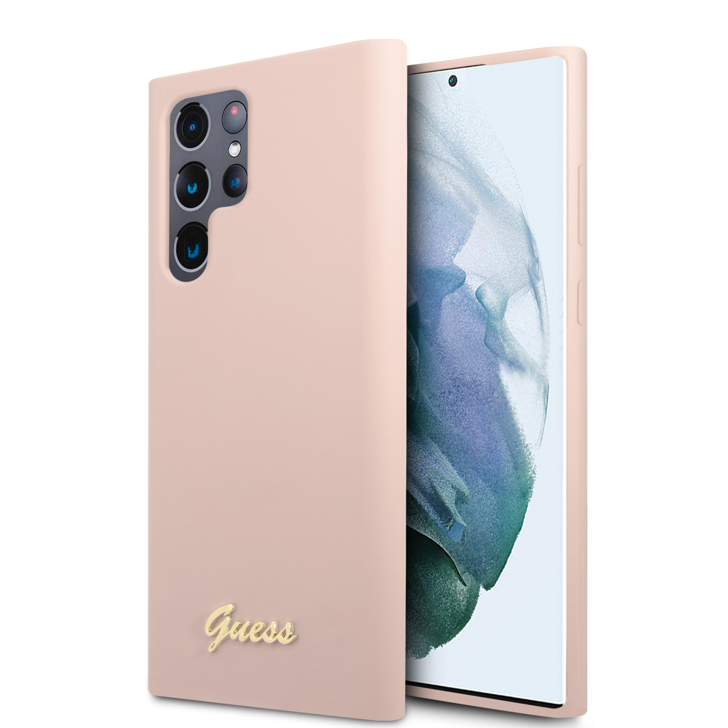 Guess GUHCS23LLSLMGPP S23 Ultra S918 rožinės spalvos kietas dėklas Silicone Script Metal Logo aprašymas - Prekės nuotrauka