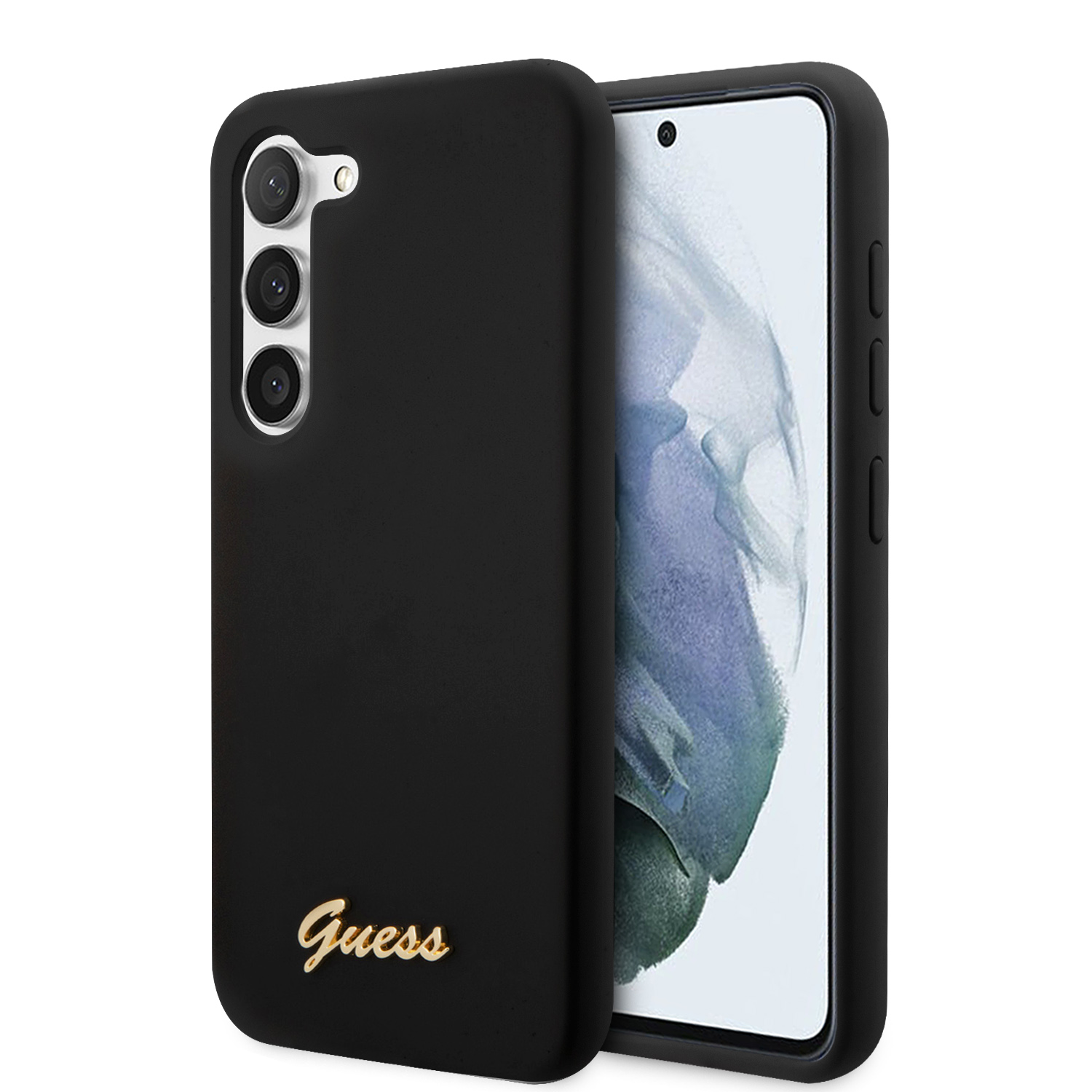 Guess GUHCS23SSLSMK S23 S911 juodos spalvos kietas dėklas Silicone Vintage Gold Logo aprašymas - Prekės nuotrauka