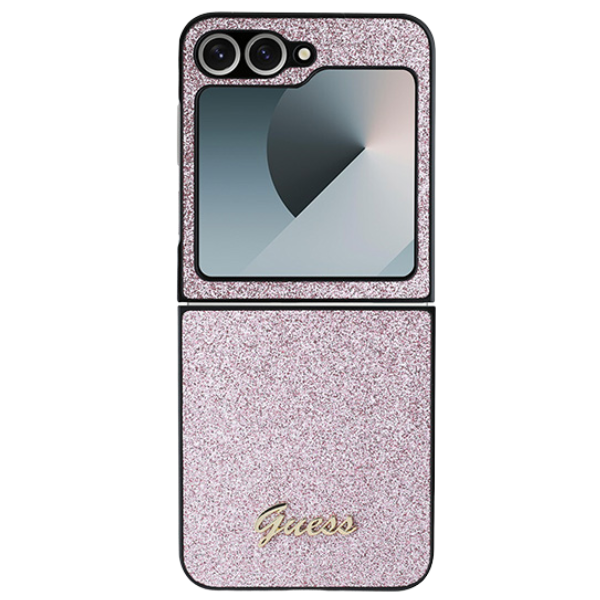 Guess GUHCZFD6HGGSHP Z Fold6 F956 rožinis kietas dėklas 4G Glitter Script aprašymas - Prekės nuotrauka