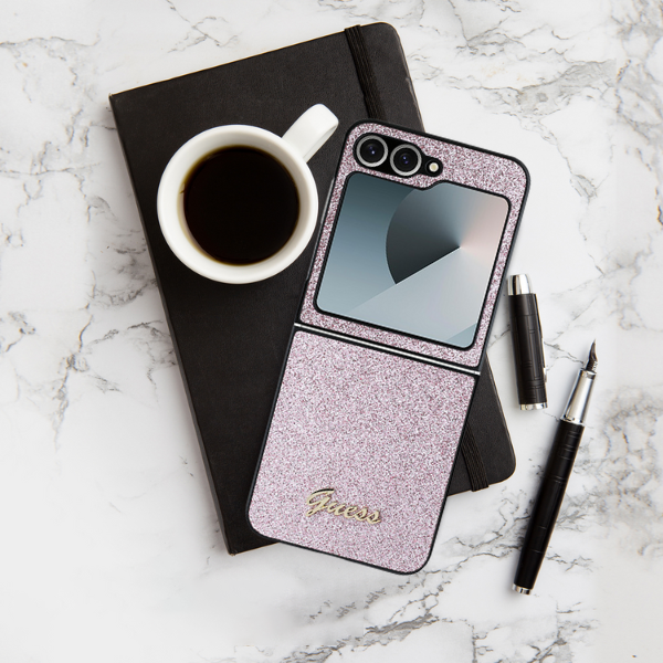 Guess GUHCZFD6HGGSHP Z Fold6 F956 rožinis kietas dėklas 4G Glitter Script aprašymas - Prekės nuotrauka