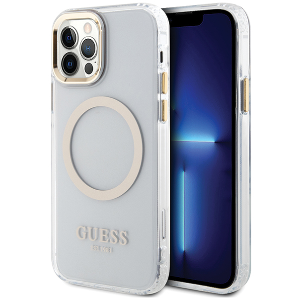 Guess GUHMP12MHTRMD Apple iPhone 12/12 Pro 6.1″ auksinis kietas dėklas Metal Outline Magsafe aprašymas - Prekės nuotrauka