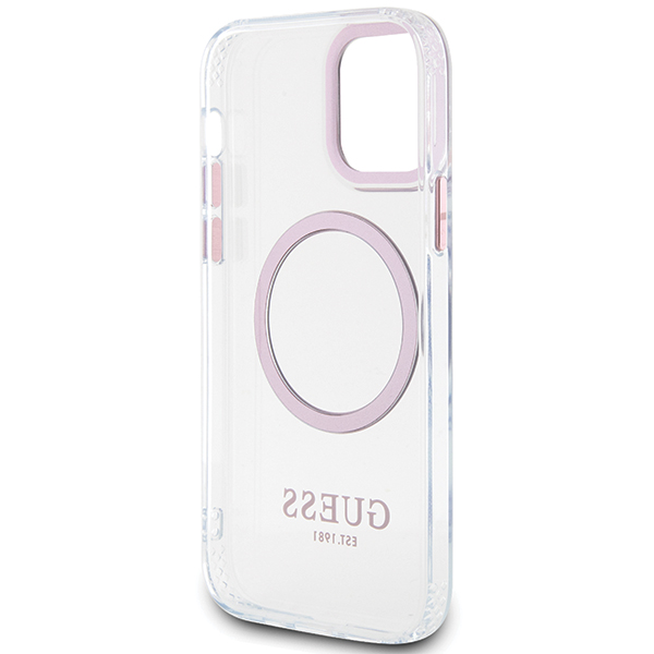 Guess GUHMP12MHTRMP Apple iPhone 12/12 Pro 6.1″ rožinės spalvos kietas dėklas Metal Outline Magsafe aprašymas - Prekės nuotrauka