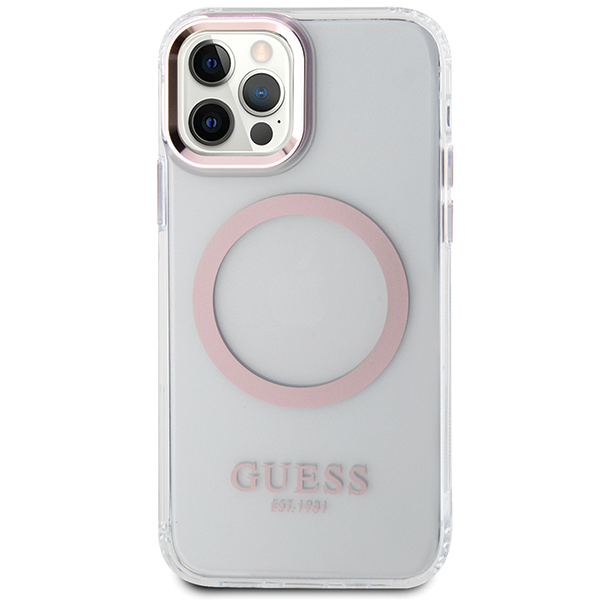 Guess GUHMP12MHTRMP Apple iPhone 12/12 Pro 6.1″ rožinės spalvos kietas dėklas Metal Outline Magsafe aprašymas - Prekės nuotrauka