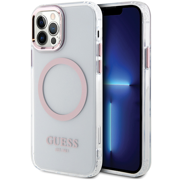 Guess GUHMP12MHTRMP Apple iPhone 12/12 Pro 6.1″ rožinės spalvos kietas dėklas Metal Outline Magsafe aprašymas - Prekės nuotrauka