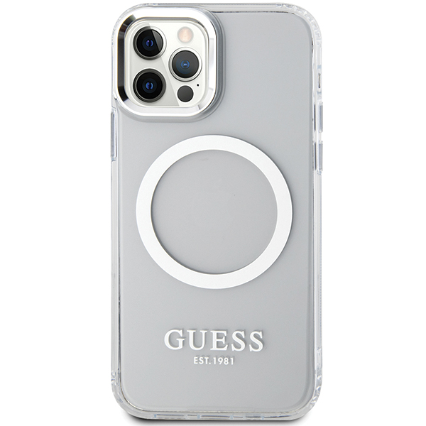 Guess GUHMP12MHTRMS Apple iPhone 12/12 Pro 6.1″ sidabrinis kietas dėklas Metal Outline Magsafe aprašymas - Prekės nuotrauka