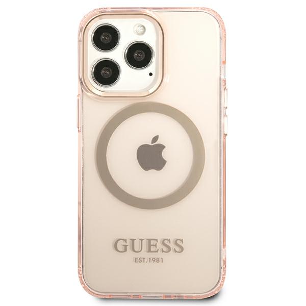 Guess GUHMP13LHTCMP Apple iPhone 13 Pro / 13 6,1″ rožinės spalvos kietas dėklas Gold Outline Translucent MagSafe aprašymas - Prekės nuotrauka