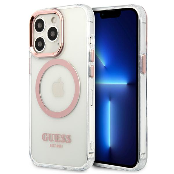 Guess GUHMP13LHTRMP Apple iPhone 13 Pro / 13 6,1″ rožinės spalvos kietas dėklas Metal Outline Magsafe aprašymas - Prekės nuotrauka