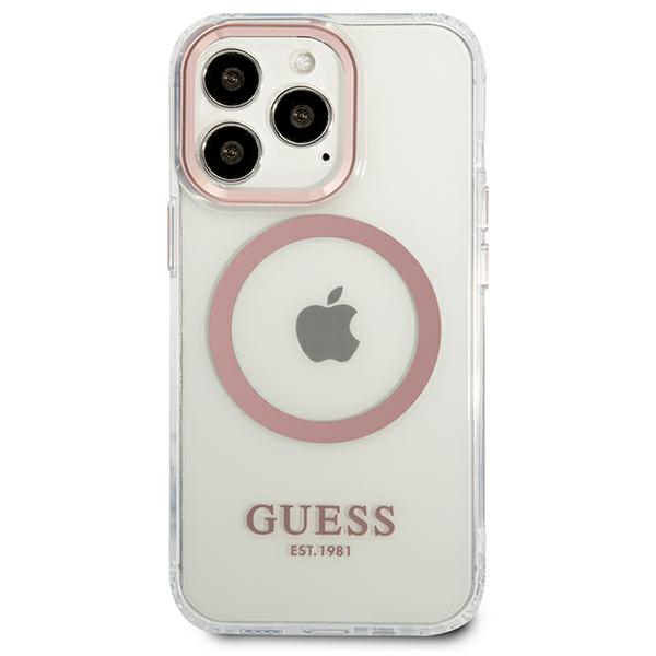 Guess GUHMP13LHTRMP Apple iPhone 13 Pro / 13 6,1″ rožinės spalvos kietas dėklas Metal Outline Magsafe aprašymas - Prekės nuotrauka