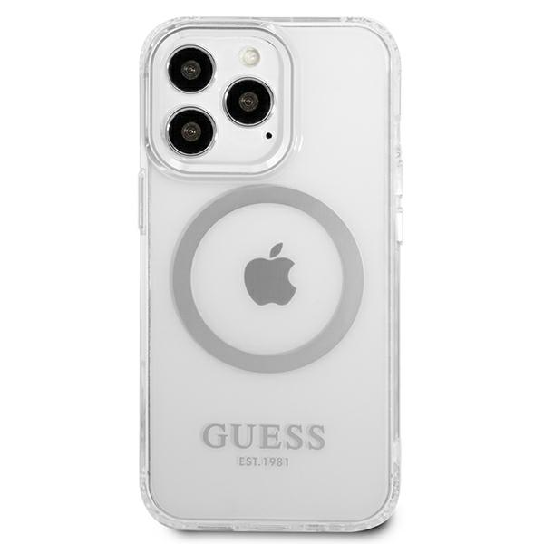 Guess GUHMP13LHTRMS Apple iPhone 13 Pro / 13 6,1″ sidabrinis kietas dėklas Metal Outline Magsafe aprašymas - Prekės nuotrauka Guess GUHMP13LHTRMS Apple iPhone 13 Pro / 13 6,1″ sidabrinis kietas dėklas Metal Outline Magsafe aprašymas - Prekės nuotrauka