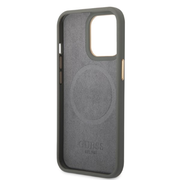 Guess GUHMP13LSAPSTG Apple iPhone 13 Pro / 13 6,1″ pilkas kietas dėklas Peony Logo Plate MagSafe aprašymas - Prekės nuotrauka Guess GUHMP13LSAPSTG Apple iPhone 13 Pro / 13 6,1″ pilkas kietas dėklas Peony Logo Plate MagSafe aprašymas - Prekės nuotrauka