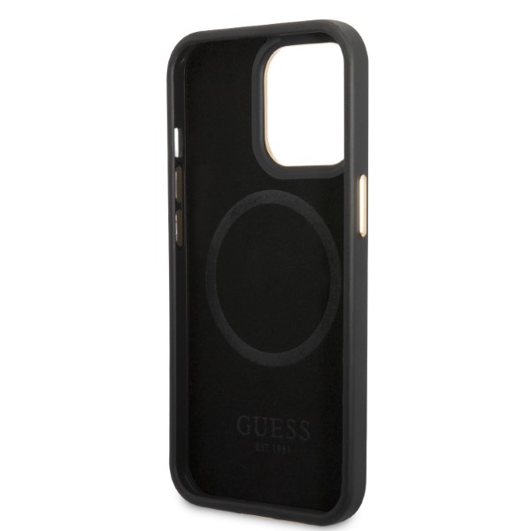 Guess GUHMP13LSAPSTK Apple iPhone 13 Pro / 13 6,1″ juodos spalvos kietas dėklas Peony Logo Plate MagSafe aprašymas - Prekės nuotrauka