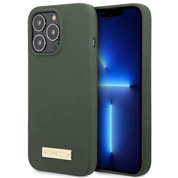 Guess GUHMP13LSPLA iPhone 13 Pro / 13 6,1″ chaki spalvos kietas dėklas Silicone Logo Plate MagSafe aprašymas - Prekės nuotrauka