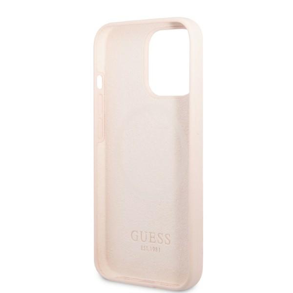Guess GUHMP13LSPLP Apple iPhone 13 Pro / 13 6,1″ rožinės spalvos kietas dėklas Silicone Logo Plate MagSafe aprašymas - Prekės nuotrauka