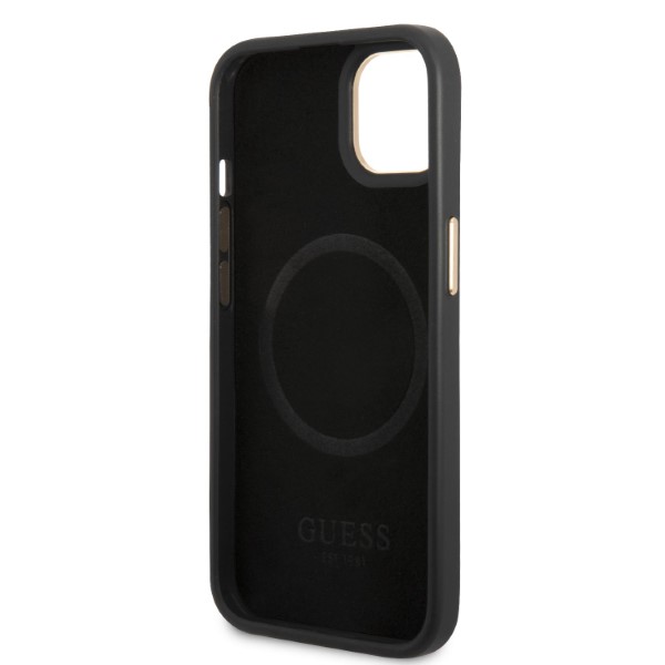 Guess GUHMP13MSAPSTK Apple iPhone 13 / 14 / 15 6.1″ juodos spalvos kietas dėklas Peony Logo Plate MagSafe aprašymas - Prekės nuotrauka