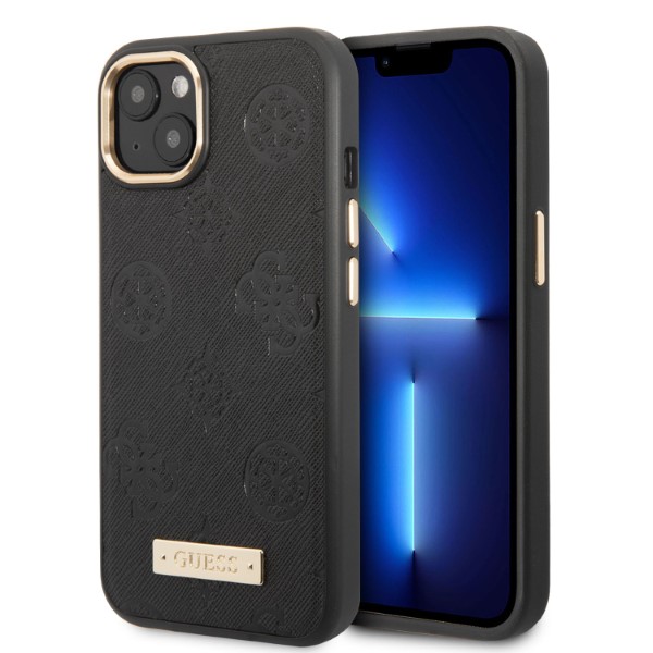 Guess GUHMP13MSAPSTK Apple iPhone 13 / 14 / 15 6.1″ juodos spalvos kietas dėklas Peony Logo Plate MagSafe aprašymas - Prekės nuotrauka