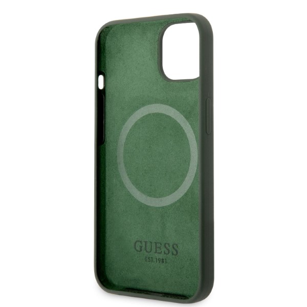 Guess GUHMP13MSBPLA Apple iPhone 13 / 14 / 15 6.1″ khaki kietas dėklas Silicone Logo Plate MagSafe aprašymas - Prekės nuotrauka