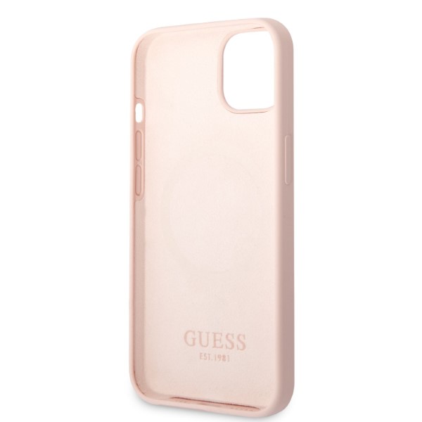 Guess GUHMP13MSBPLP Apple iPhone 13 / 14 / 15 6.1″ rožinės spalvos kietas dėklas Silicone Logo Plate MagSafe aprašymas - Prekės nuotrauka