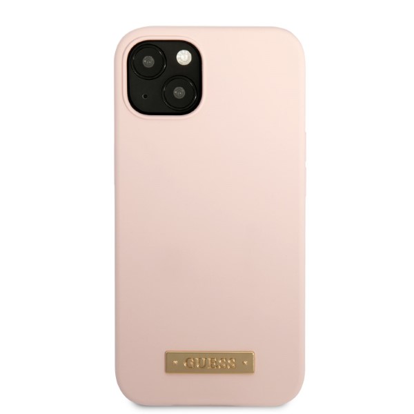 Guess GUHMP13SSBPLP Apple iPhone 13 mini 5,4″ rožinės spalvos kietas dėklas Silicone Logo Plate MagSafe aprašymas - Prekės nuotrauka