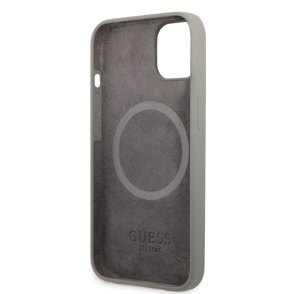 Guess GUHMP13SSPLG Apple iPhone 13 mini 5,4″ pilkas kietas dėklas Silicone Logo Plate MagSafe aprašymas - Prekės nuotrauka