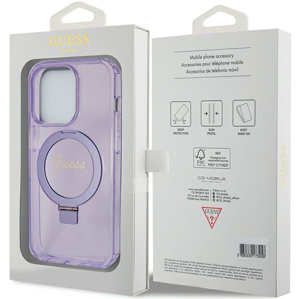 Guess GUHMP13XHRSGSU iPhone 13 Pro Max 6.1″ violetinės spalvos kietas dėklas su žiediniu stovu ir blizgučiais, suderinamas su MagSafe aprašymas - Prekės nuotrauka