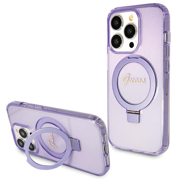 Guess GUHMP13XHRSGSU iPhone 13 Pro Max 6.1″ violetinės spalvos kietas dėklas su žiediniu stovu ir blizgučiais, suderinamas su MagSafe aprašymas - Prekės nuotrauka