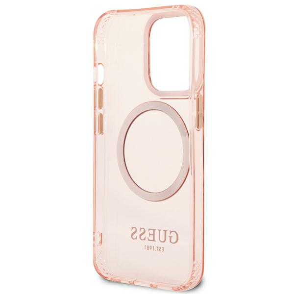 Guess GUHMP13XHTCMP Apple iPhone 13 Pro Max 6,7″ rožinės spalvos kietas dėklas Gold Outline Translucent MagSafe aprašymas - Prekės nuotrauka