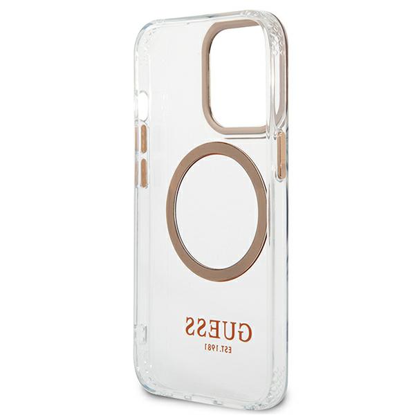 Guess GUHMP13XHTRMD Apple iPhone 13 Pro Max 6,7″ auksinis kietas dėklas Metal Outline Magsafe aprašymas - Prekės nuotrauka